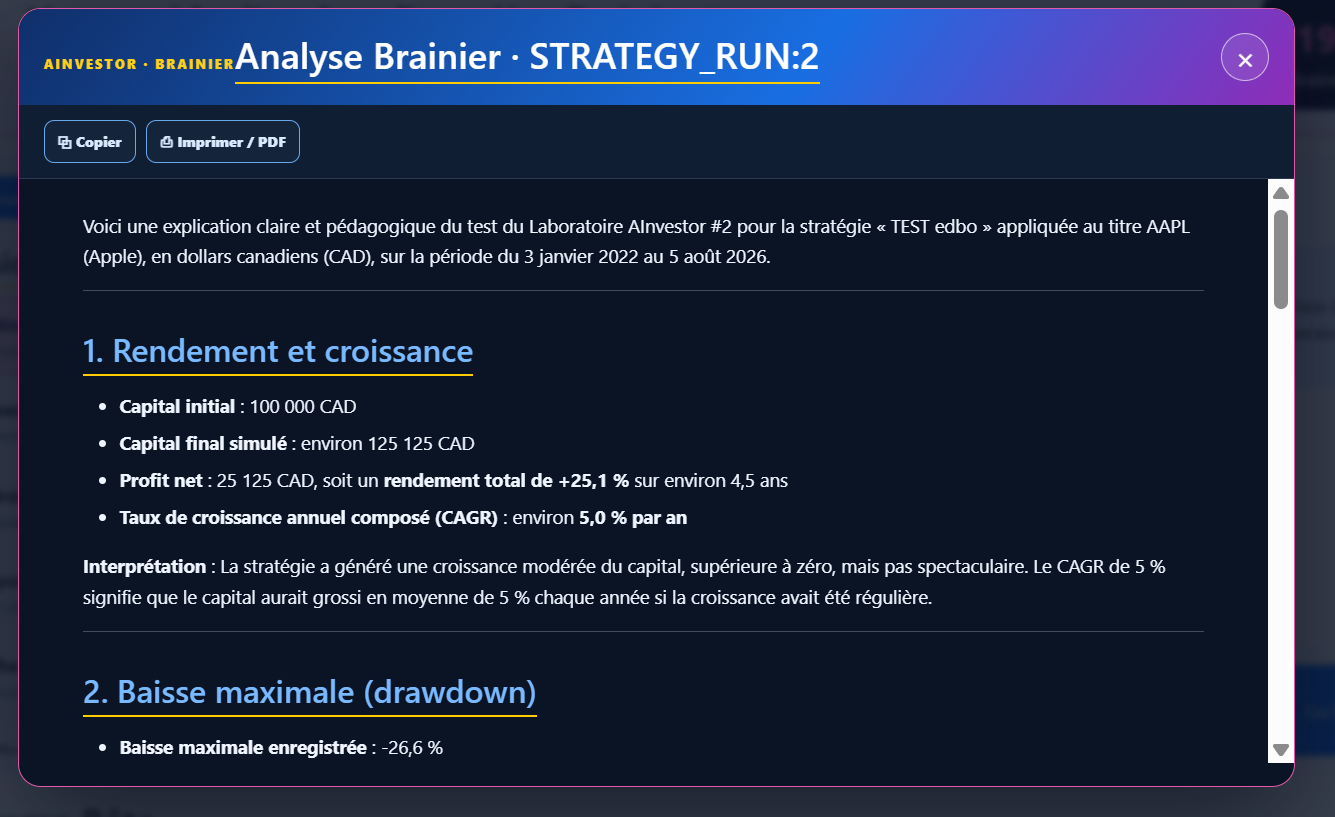 Interprétation Brainier d’un test historique dans le Laboratoire AInvestor