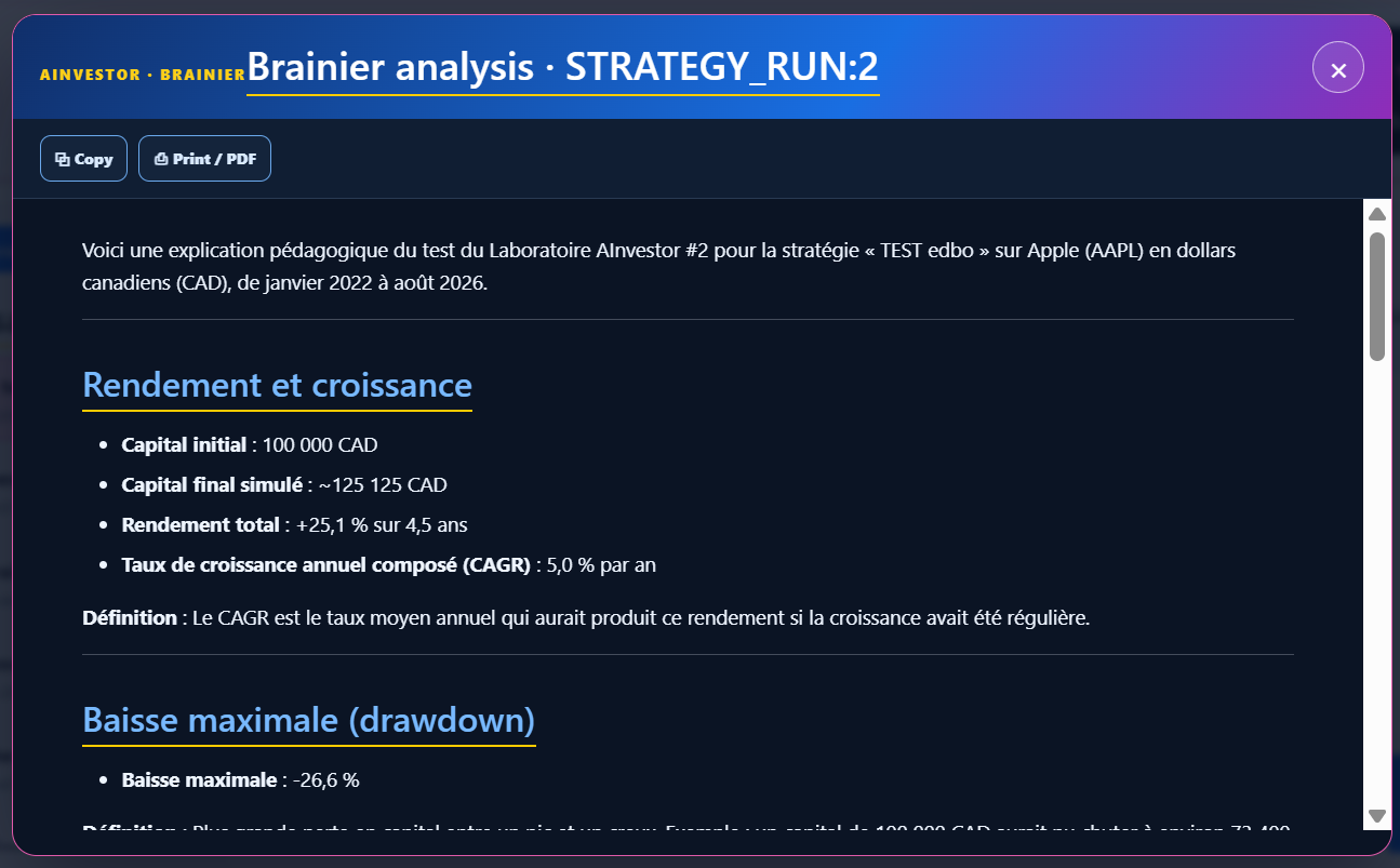 Brainier interpretation of a historical test in the AInvestor Strategy Lab